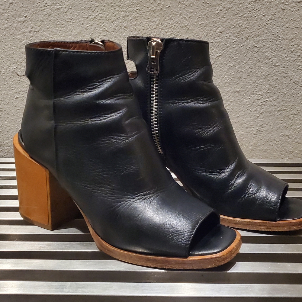 Black Leather Peep-Toe Ankle Boots